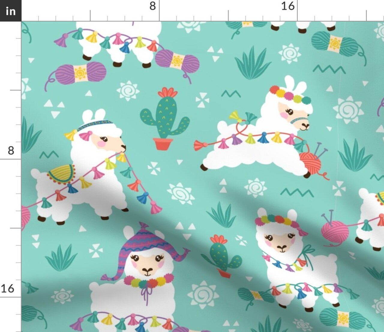 Kawaii Llamas Whimsical Colorful Cute Baby Aqua Teal Custom Printed Fabric by Spoonflower Various Fabrics by the Yard or Fat Quarter